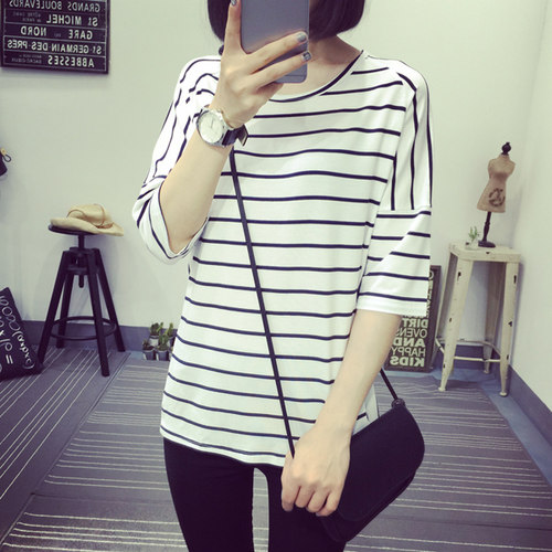大码条纹t恤胖mm女士半袖夏装