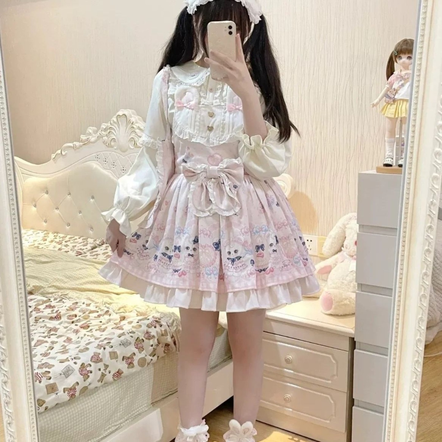 小熊刺绣泡泡袖少女可爱Lolita内搭长袖娃娃领衬衫内搭春秋小个子