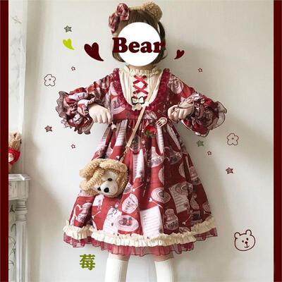草莓餐具 复古交叉绑带高领印花花边长袖op灯笼袖Lolita连衣裙