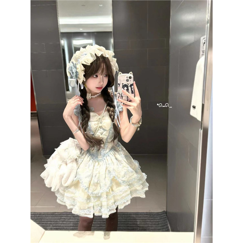 渔老板原创正版Lolita裙茉莉雨蓝色鱼骨连衣裙【单裙子小物单买】