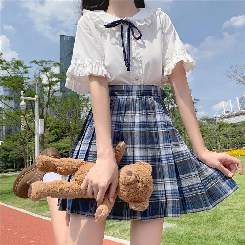 日系软妹jk白衬衣蕾丝花边娃娃领荷叶边短袖白衬衫上衣女夏季薄款