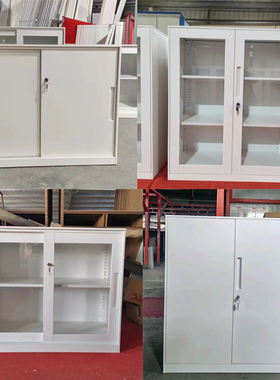 上海钢制纯白色铁皮文件柜矮柜玻璃推拉门铁移门储物柜资料档案柜