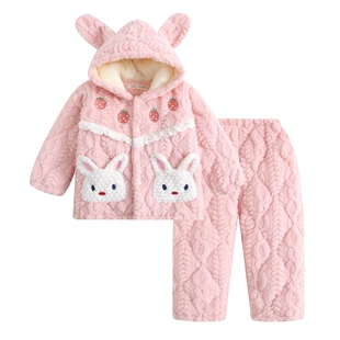 冬季宝宝女孩三层夹棉法兰绒儿童睡衣女童加厚套装家居服公主保暖