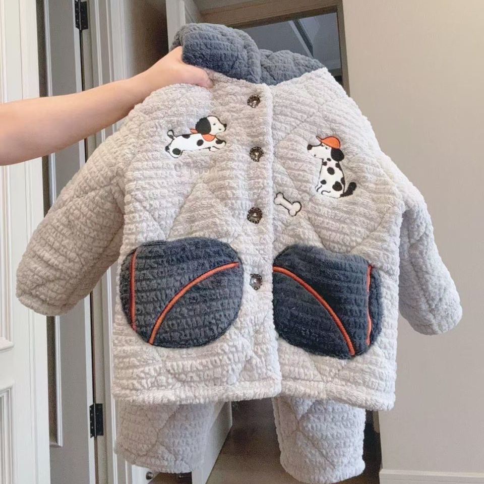 冬款儿童连帽加厚夹棉男童宝宝加绒保暖韩版卡通休闲法兰绒睡衣