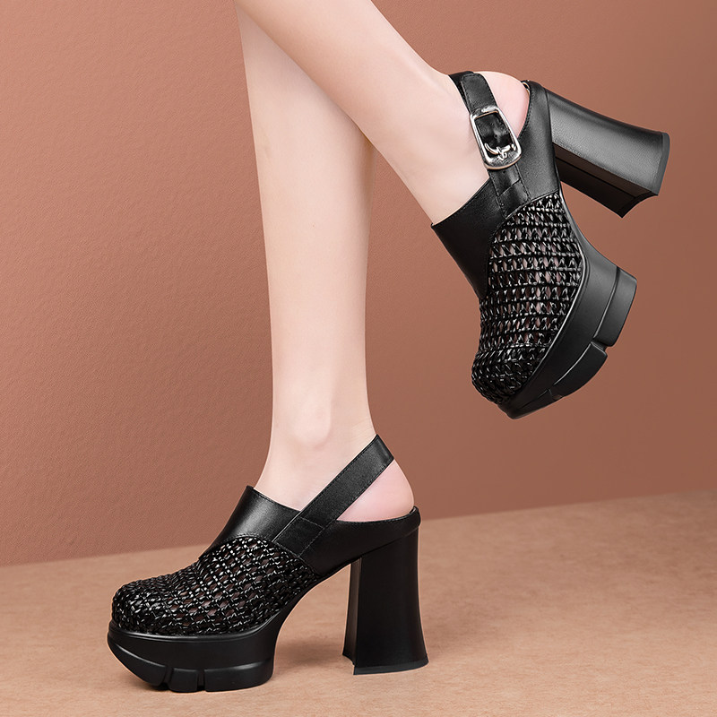 真皮编织镂空罗马凉鞋女厚底粗跟防水台超高跟鞋包头不累脚夏新款