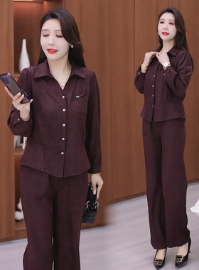 时尚套装女2026春季翻领长袖修身衬衫上衣显瘦阔腿裤气质两件套潮
