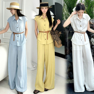 衬衫 设计感时尚 阔腿裤 女2026夏新款 气质两件套 套装 韩系松弛感短袖