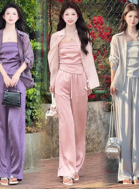时尚套装女2026夏季新款洋气显瘦冰丝防晒衬衫吊带阔腿裤三件套潮