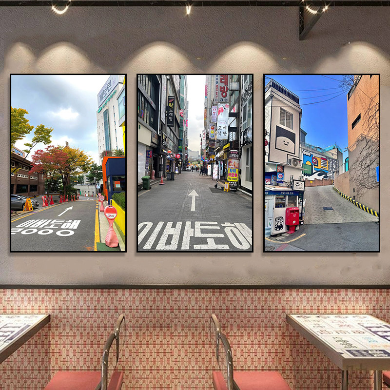 韩国首尔建筑风景挂画韩式料理餐厅烤肉店炸鸡店城市街景装饰画