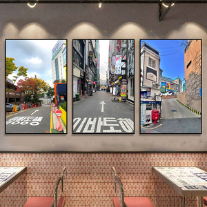 韩国首尔建筑风景挂画韩式料理餐厅烤肉店炸鸡店城市街景装饰画