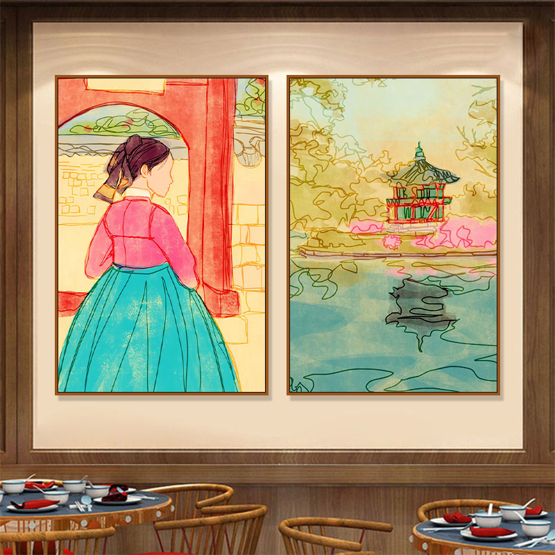 韩式烤肉店复古装饰画韩国餐厅料理店挂画朝鲜民族风俗人物壁画