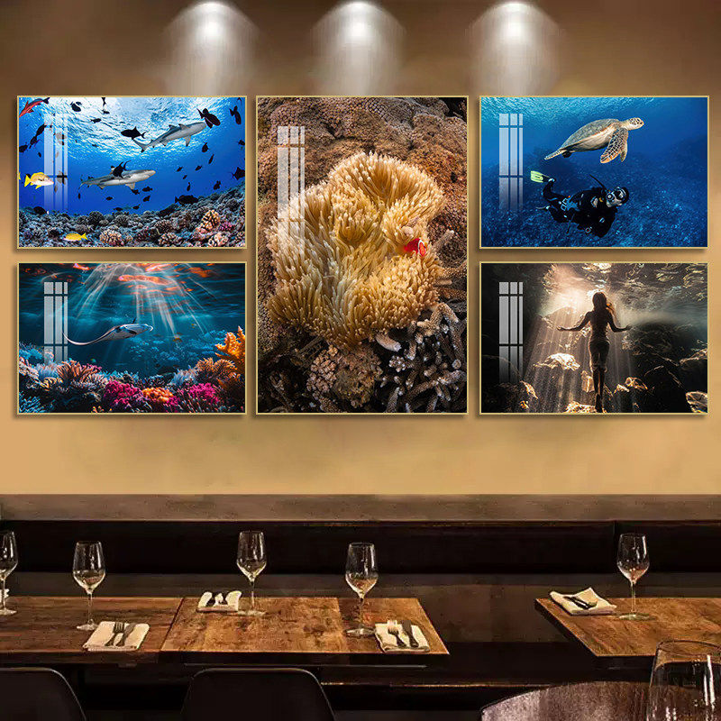 海底世界装饰画海鲜店餐厅海洋风景挂画渔具店浮潜潜水俱乐部壁画