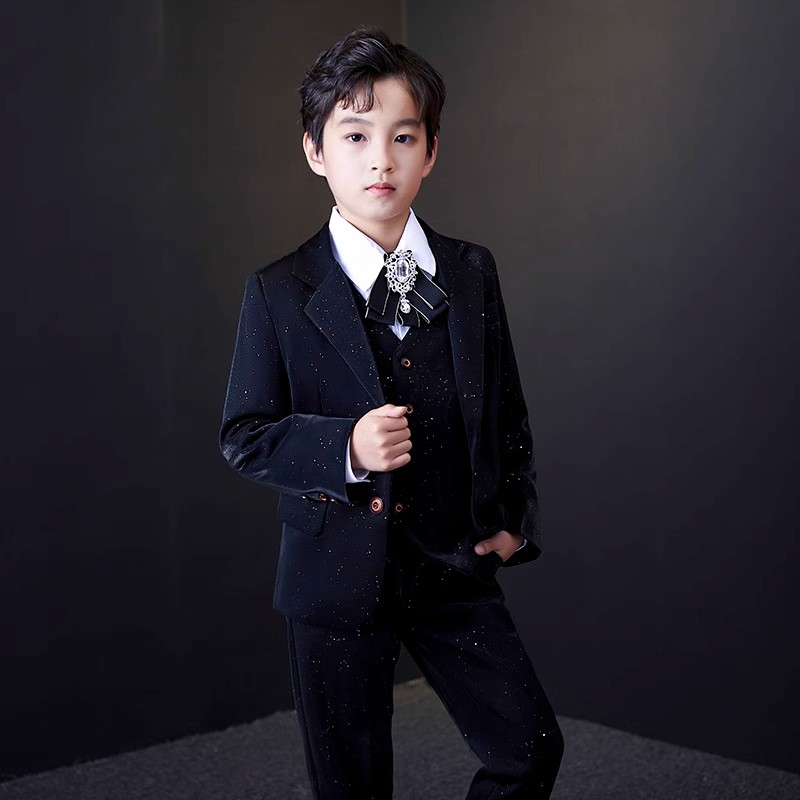 男孩儿童表演黑亮彩满天星礼服男童主持钢琴英伦演出西服马甲