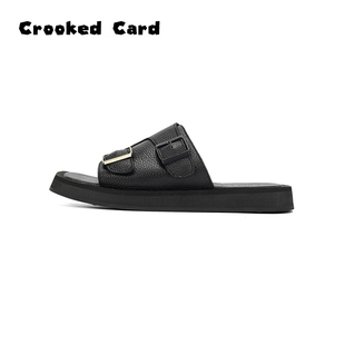 Crooked Card 外穿厚底方头马毛拖鞋女真皮一字拖休闲百搭凉拖潮