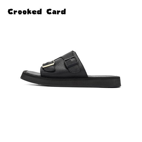 Crooked Card 外穿厚底方头马毛拖鞋女真皮一字拖休闲百搭凉拖潮