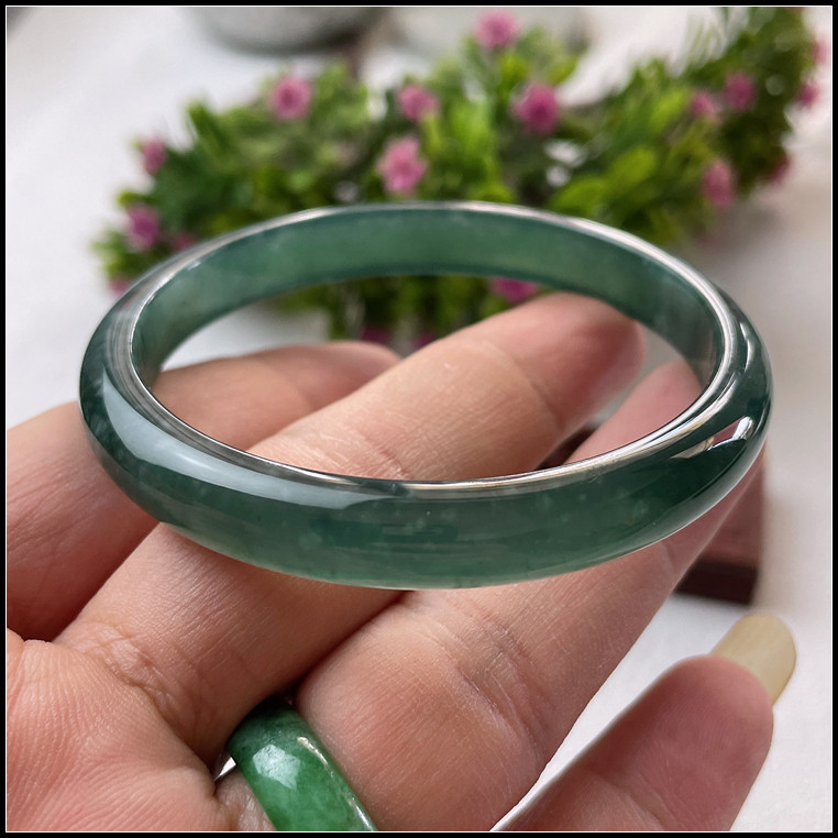 57圈口天然翡翠A货手镯冰种蓝水正圈平安镯窄条油青色玉镯子女