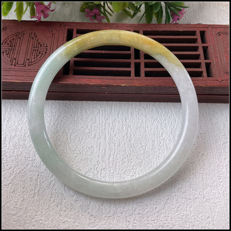 55圈口天然缅甸翡翠A货手镯冰糯种飘黄翡细圆条叮当镯玉镯子女