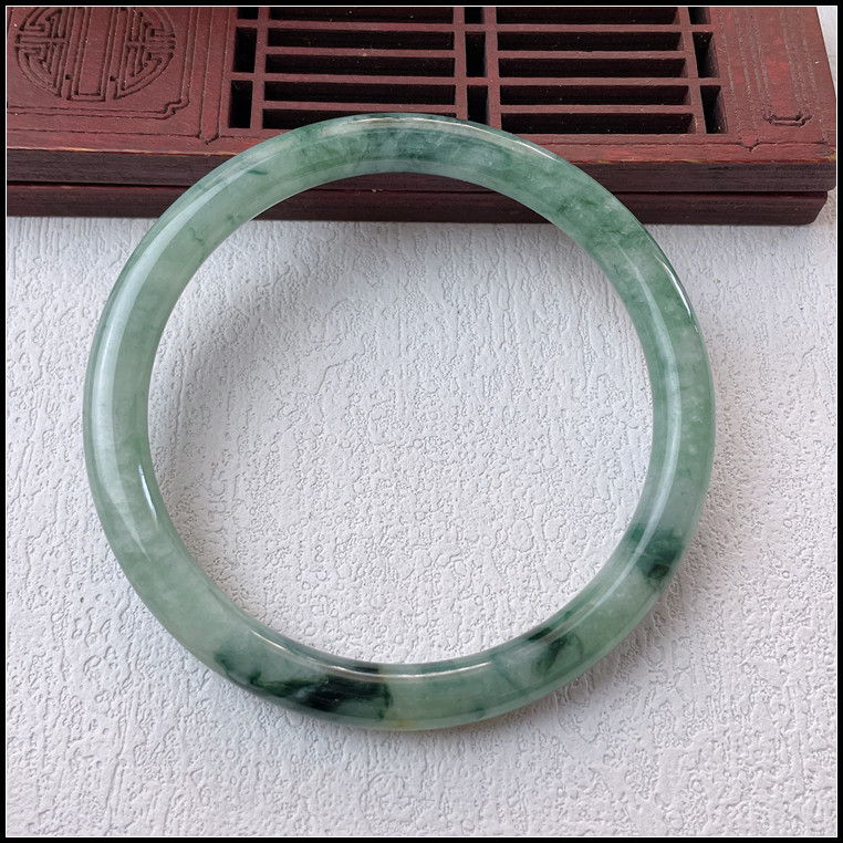 59圈口天然缅甸翡翠A货手镯冰糯种飘花小圆条美人镯玉镯子女