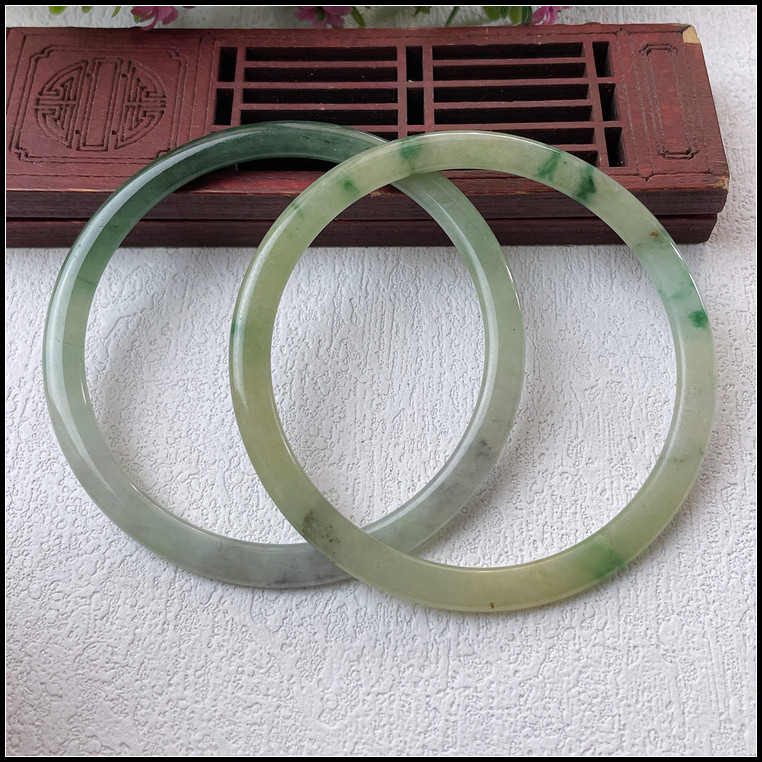 57圈口天然缅甸翡翠A货手镯冰糯种飘花细条叮当镯对镯玉镯子女