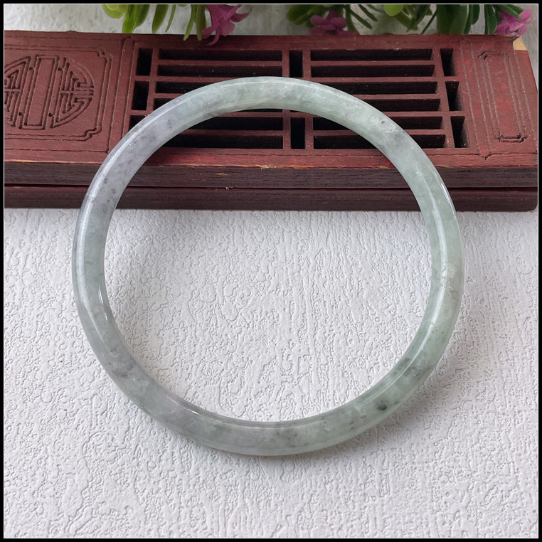 57圈口天然缅甸翡翠A货手镯冰糯种飘乌鸡灰细圆条叮当镯玉镯子女