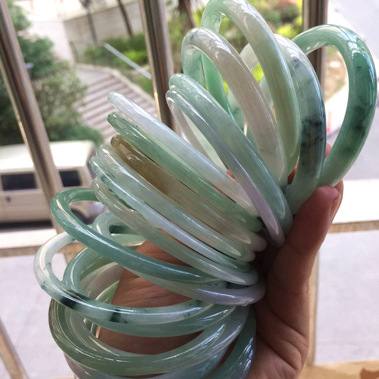天然翡翠手鐲老坑A貨圓條手鐲細條玉鐲子飄花油青女款