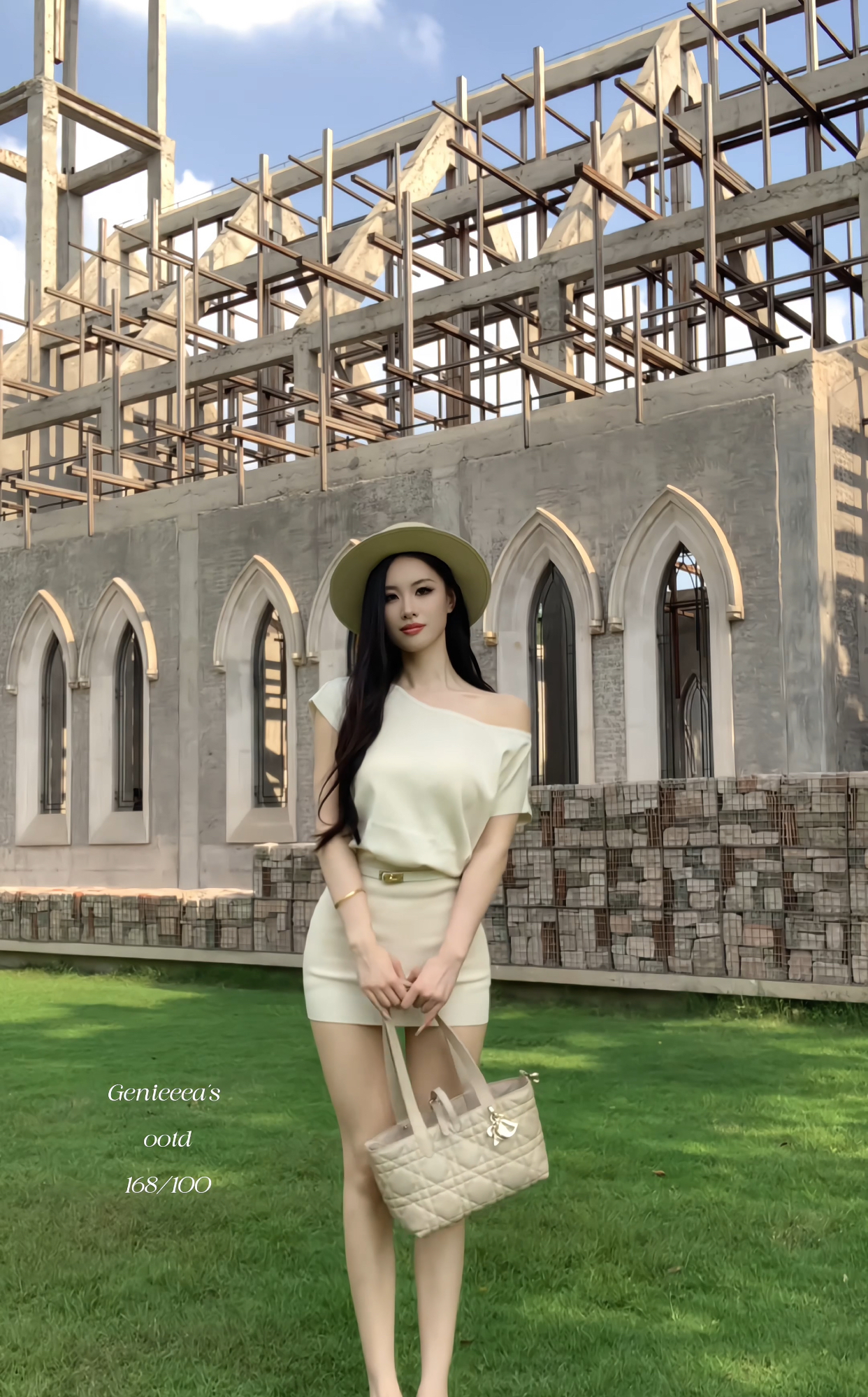 Genieeea吉妮的宝藏韩系姐姐斜肩针织宽松蝙蝠袖短袖包臀裙连衣裙