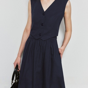 长裙高腰混纺裙子 复古简约通勤V领无袖 2026英式 老钱假两件连衣裙