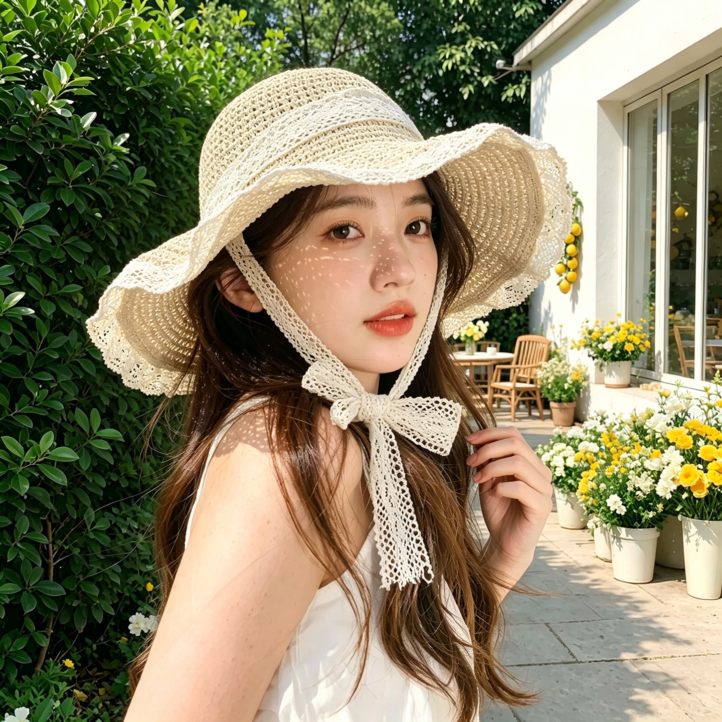 法式蕾丝防晒草帽夏季大帽檐显脸小防紫外线海边出游遮阳帽
