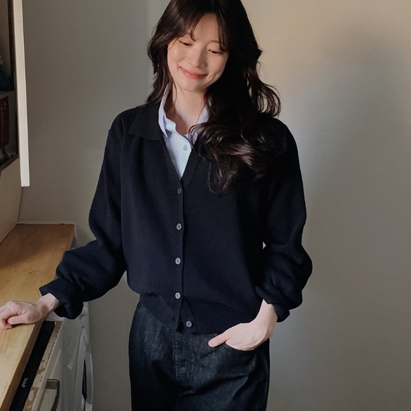 已定 韩国东大门代购Slowand-A纯色 藏青色 翻领羊毛针织衫 开衫