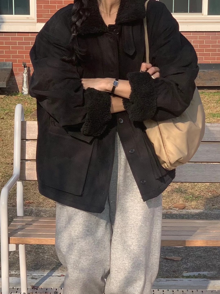 现 韩国东大门代购2025冬Vergamot-a纯色羊羔毛立领 棉服 外套