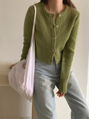 东大门圆领开衫苹果绿针织衫