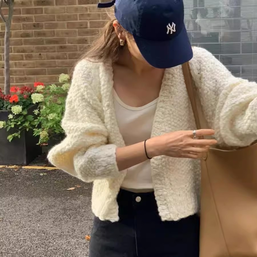 韩国东大门代购2024秋季ounce-A时尚温柔粗毛线休闲羊毛针织开衫