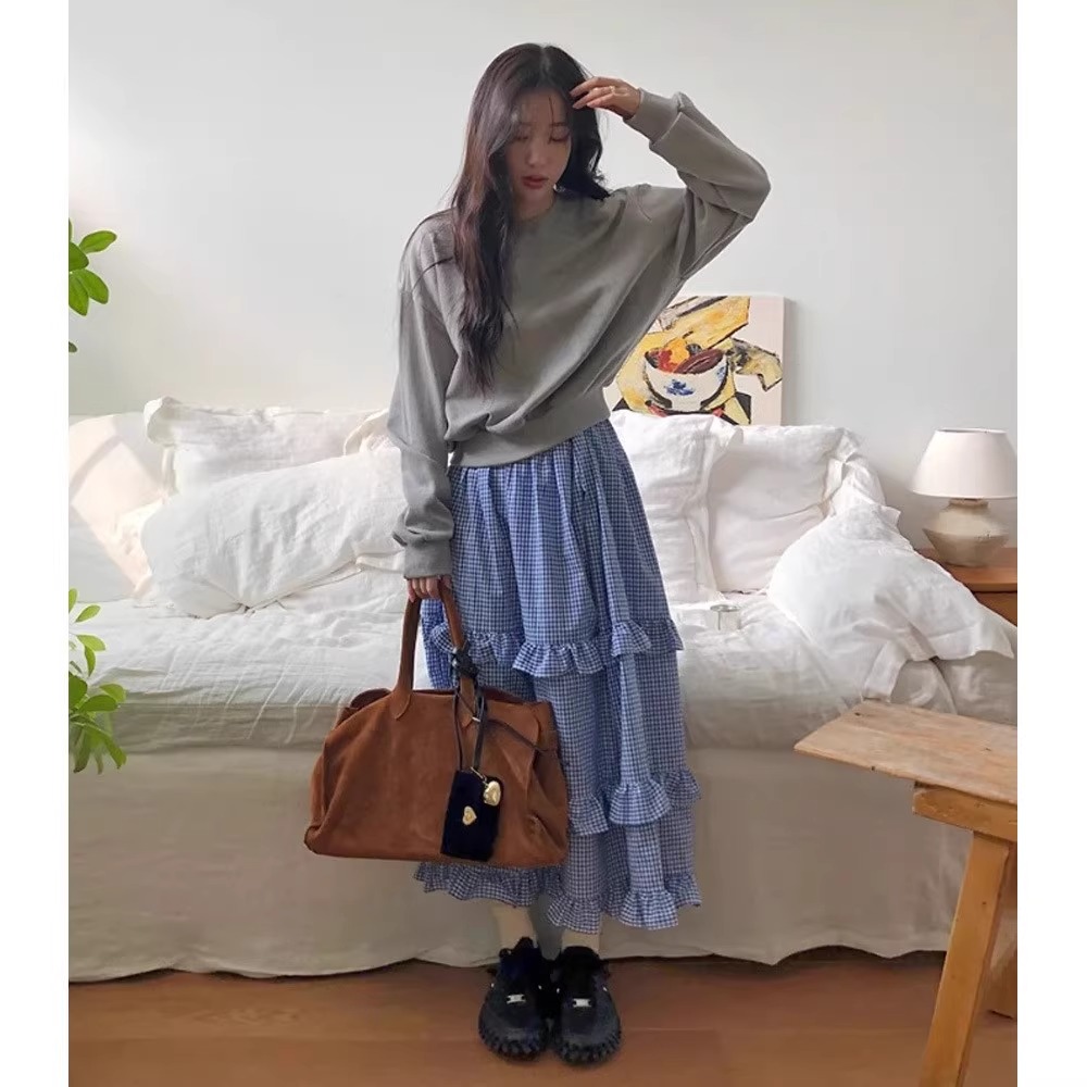 现 韩国东大门代购2024秋夏beginning-a拼接木耳边撞色格子半身裙