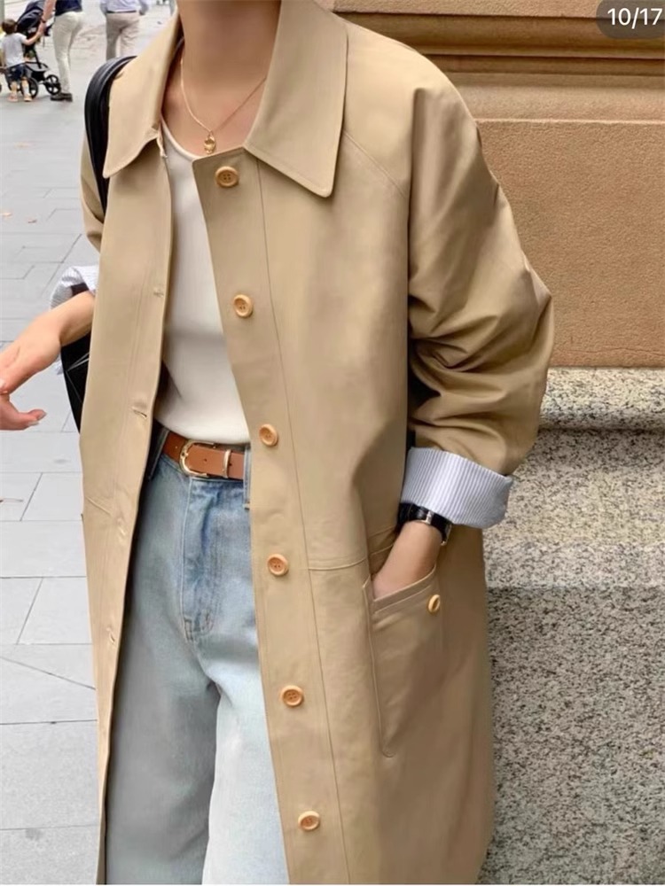 现 韩国东大门代购24秋季slowb-a复古翻领系扣宽松长款风衣外套