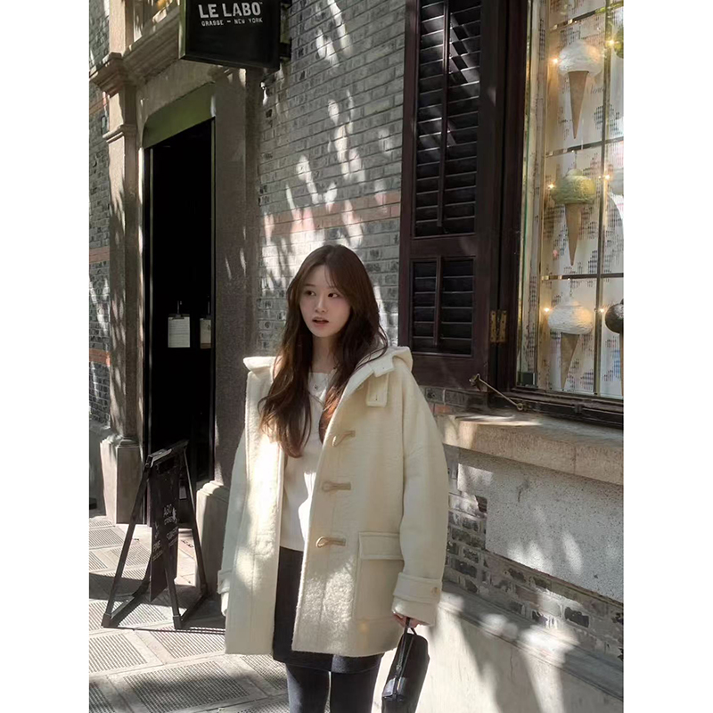 现 韩国东大门代购2025秋冬ounce-a牛角扣连帽大衣女减龄毛呢外套