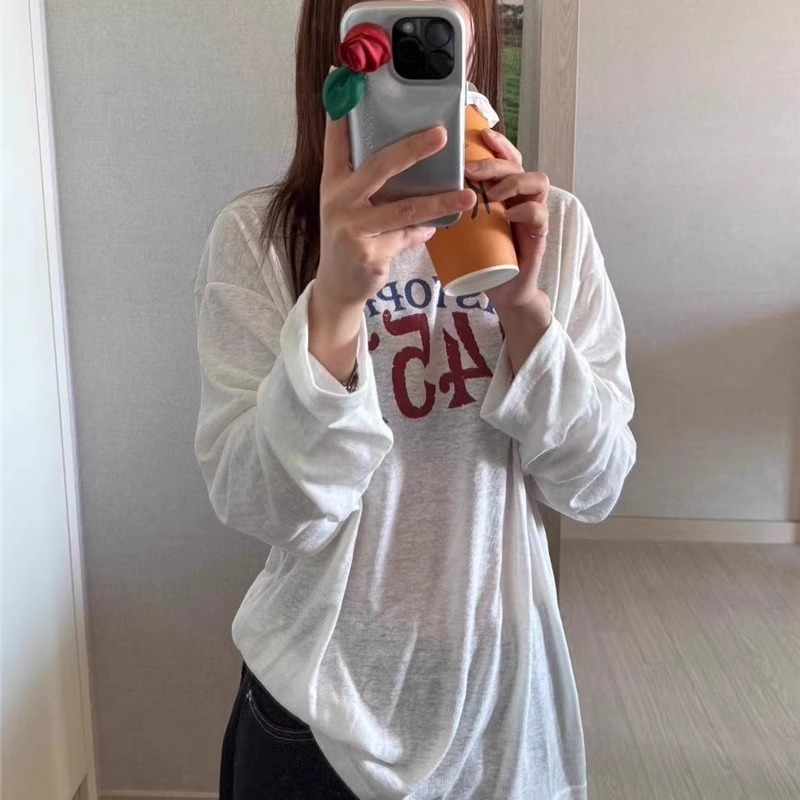 现韩国东大门代购2025夏季DOHWAJI-a撞色镶边圆领字母印花长袖T恤