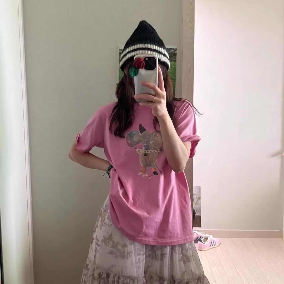 现韩国东大门代购2025夏季dohwaji-a简约时尚卡通印花休闲短袖T恤