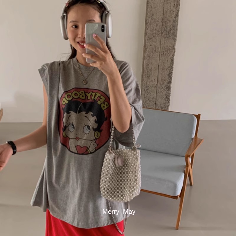现韩国东大门代购2025夏季Merry May-a百搭卡通贝蒂印花短袖T恤女