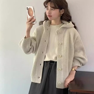 韩国东大门代购2024秋季EGG-A时尚连帽单排扣针织毛衣开衫外套