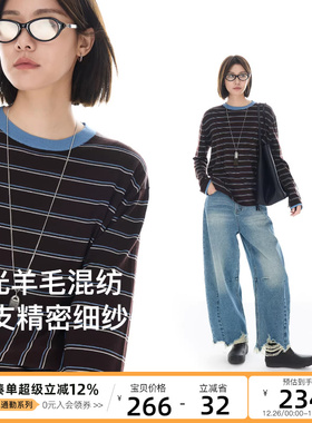 CLOUDSPACE【织梦】丝光羊毛显瘦落肩针织衫女2025秋撞色条纹上衣