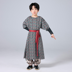 夏季薄款长裳战国圆领袍中国风传统汉服复古式小大童学生表演唐装