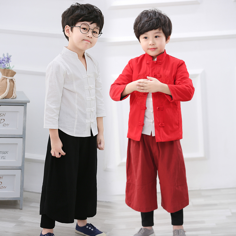 小男孩儿童年服中国风民族棉麻春季汉服套装复古喜庆棉衣外套唐装