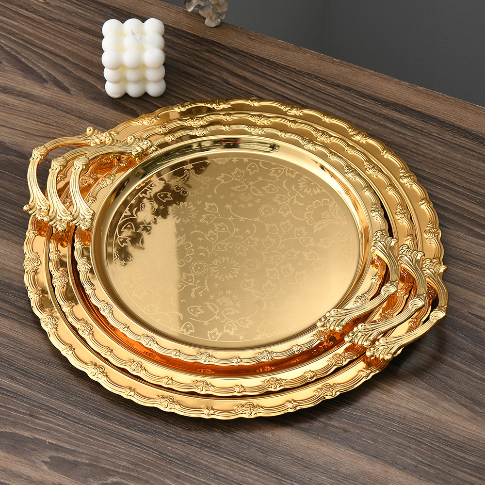 轻奢腾花纹圆形金色托盘餐厅端菜盘自助餐酒店甜点水果收纳盘,餐饮具,餐用托盘,淘宝优惠券,粉丝福利购,淘宝优惠卷