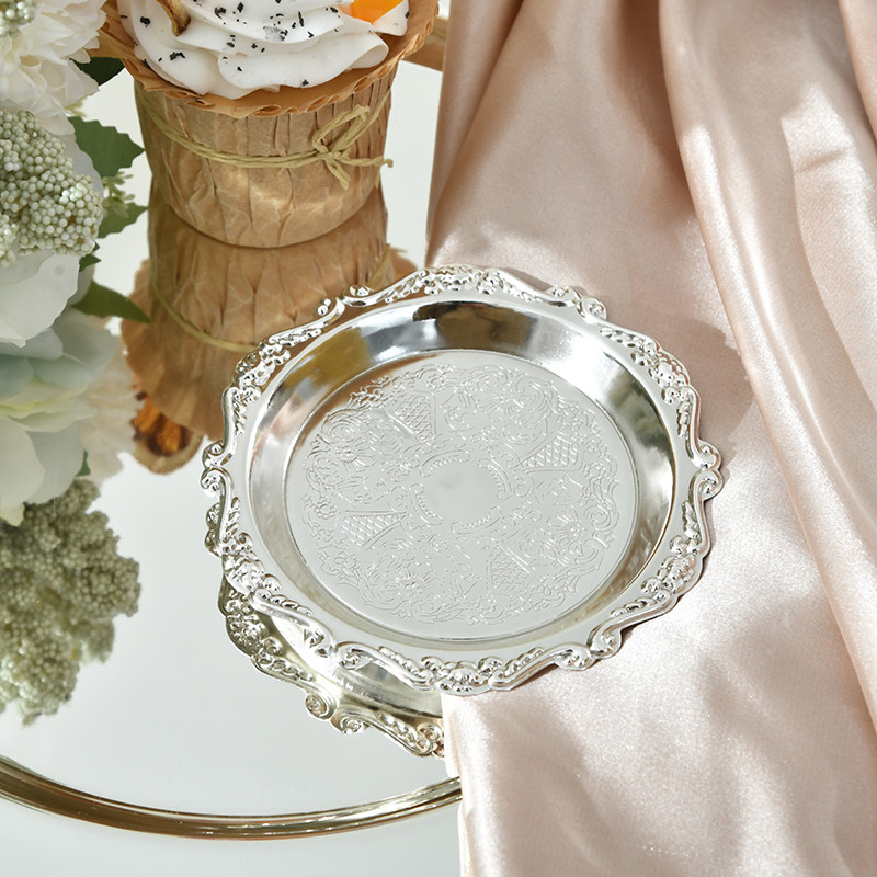 蛋糕托金属浮雕小托盘 ins装饰盘复古茶杯托首饰收纳盘零食蛋糕盘