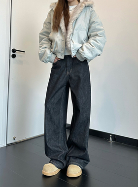 Beautget秋冬美式复古经典丹宁黑直筒牛仔裤男女潮流宽松牛仔长裤