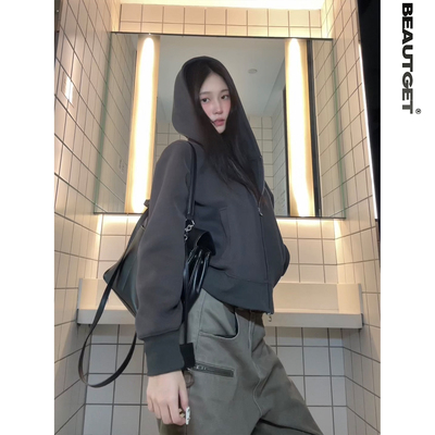 Beautget原创正肩短款连帽卫衣女