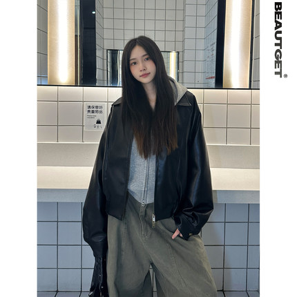 Beautget美式潮流短款廓形皮衣夹克ins潮流痞帅cleanfit皮外套