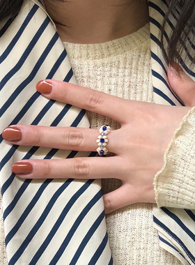 Monote现货韩国ylyl小众合作款Bleu深蓝白色花朵串珠戒指指环