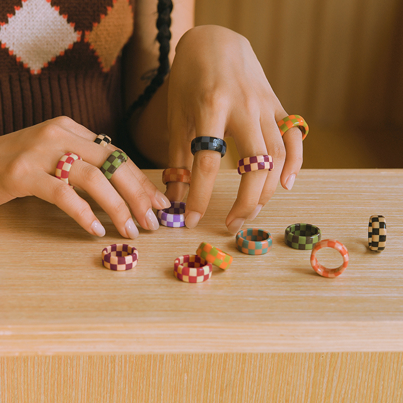 Monote软陶复古情侣棋盘格戒指