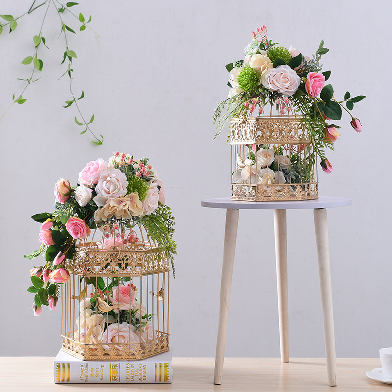 新款酒店家居场景布置装饰民宿道具用品铁艺鸟笼花艺ktv橱窗摆件